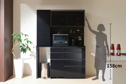 AS食器棚　オープンスペースタイプ　高さイメージ　カラー：ブラックグレイン