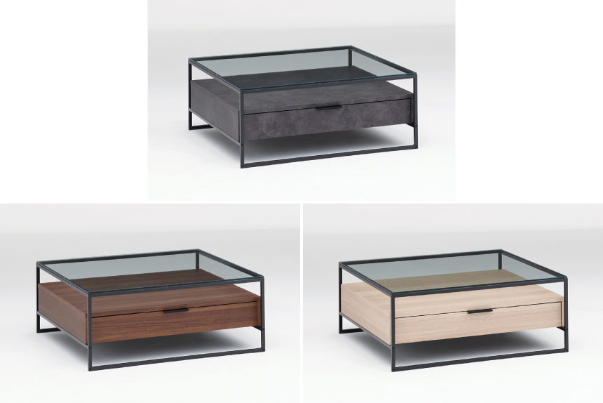 リビングテーブル　ガラス天板　BOX付　BOXカラー：セラミカネロ、ウォールナット、グリジオーク