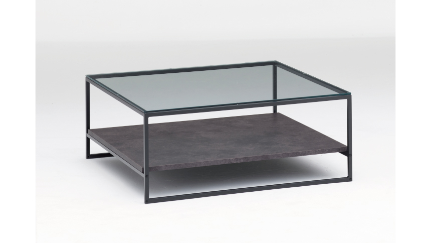 IRリビングテーブル　ガラス天板　木製棚板付　カラー：セラミカネロ