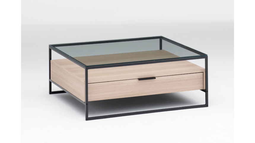 IRリビングテーブル　ガラス天板　木製BOX付　カラー：グリジオーク