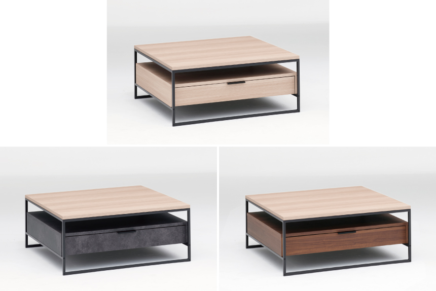 リビングテーブル　木製天板　BOX付　天板カラー：グリジオーク　BOXカラー：セラミカネロ、ウォールナット、グリジオーク