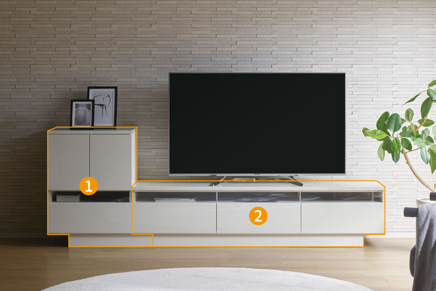 パールホワイトのRDテレビボード（パーツ分けイメージ）