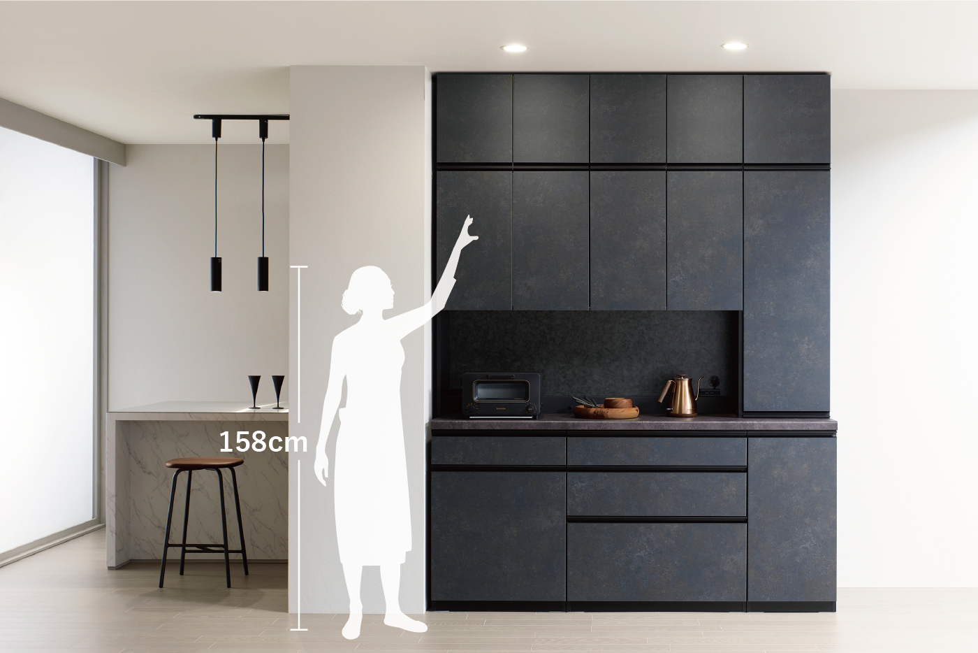 KJ食器棚　スイングドアタイプ　高さイメージ　ボディ：ブラック　カラー：60色カラーオーダー