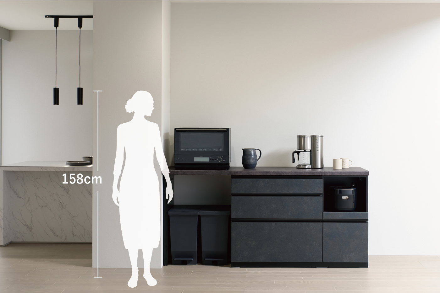 KJ食器棚　カウンタータイプ　高さイメージ　ボディ：ブラック　カラー：60色カラーオーダー