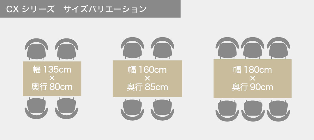 長方形タイプのダイニングテーブル（CXシリーズ）サイズバリエーション