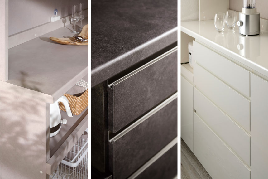 食器棚のボディも前面と同柄にし、統一感のある仕上がりに。