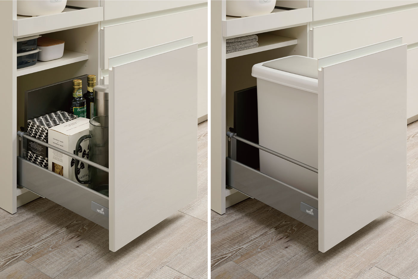 深引出には背の高いものやダストボックスを隠して収納