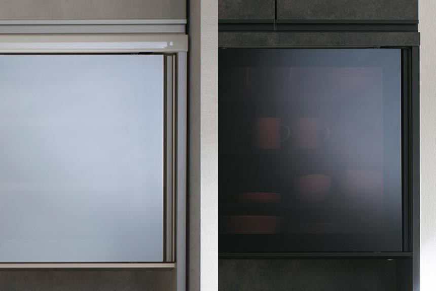 JN食器棚の上台スライドドア、ガラスカラー