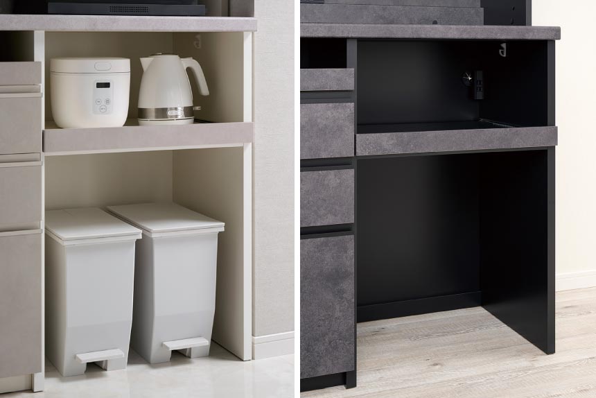 JN食器棚の下台オープンタイプにはゴミ箱を収納可能