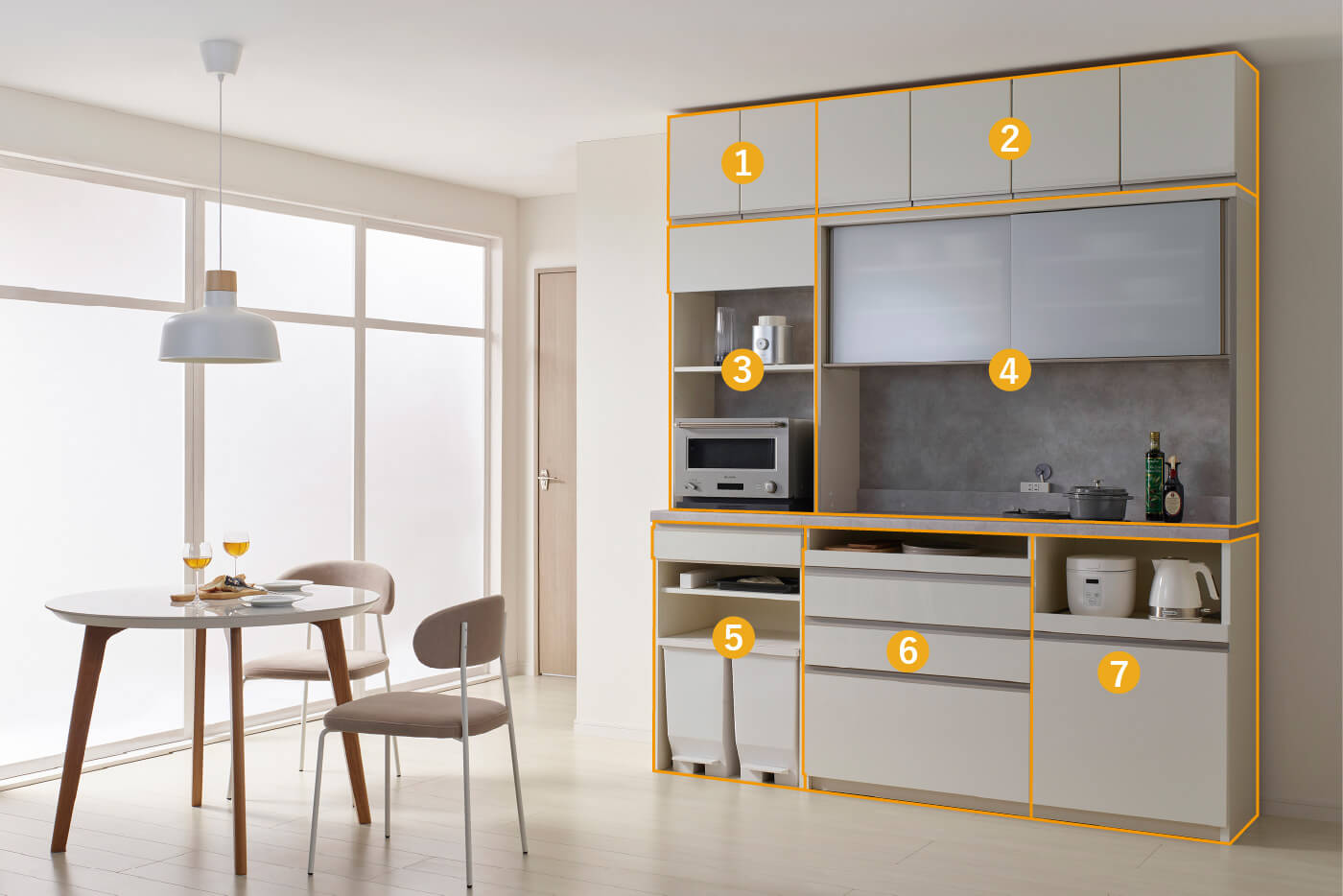 横幅200cmのJN食器棚パールホワイト（パーツ詳細）