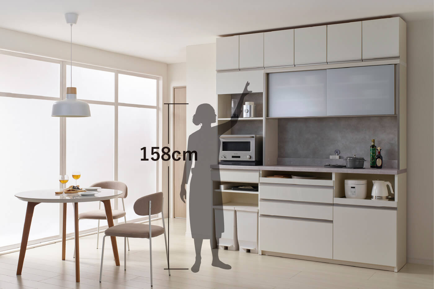 横幅200cmのJN食器棚パールホワイト（サイズイメージ）