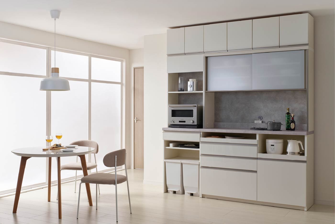 横幅200cmのJN食器棚パールホワイト