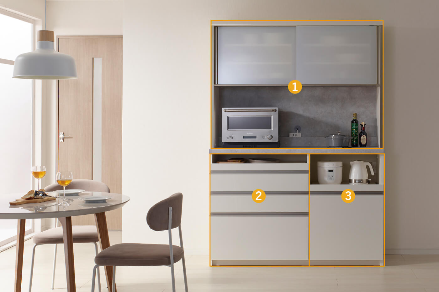 横幅140cmのJN食器棚パールホワイト（パーツ詳細）