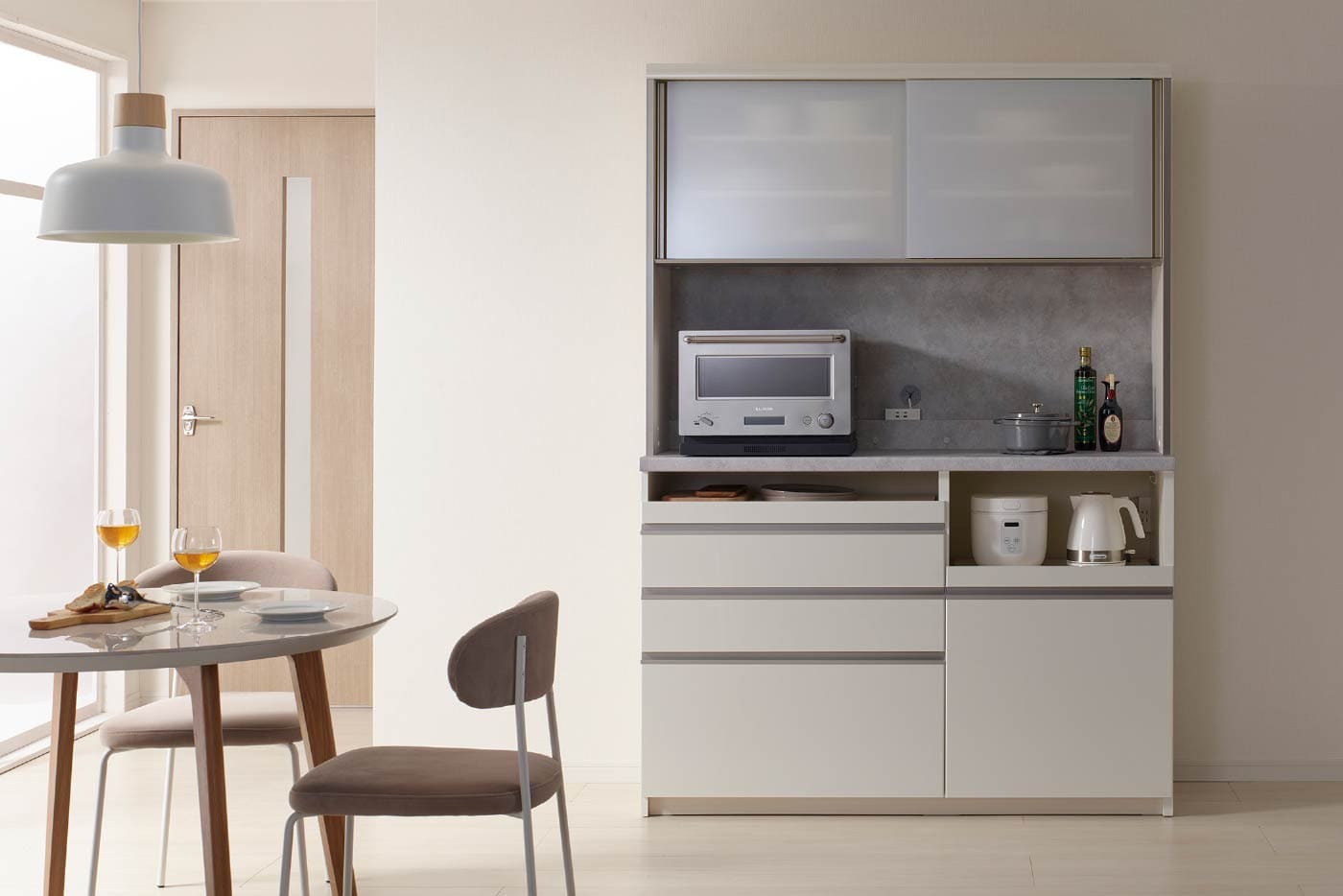 横幅140cmのJN食器棚パールホワイト