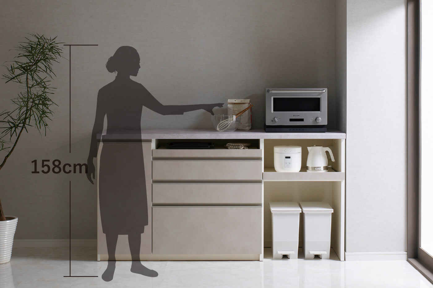 横幅180cmのJNカウンター、ラスターベージュ（サイズイメージ）