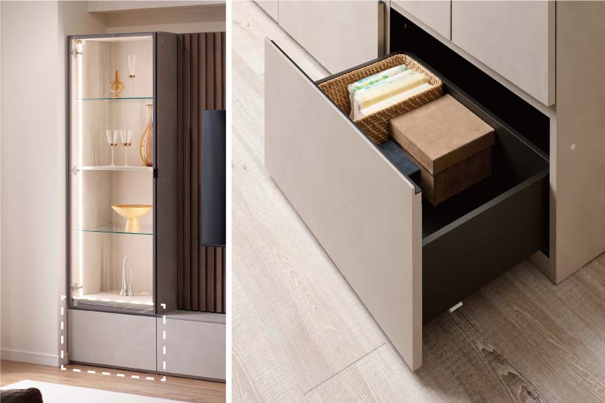 キャビネット下部は引出収納。 静かに閉まるサイレントレールを使用しています。